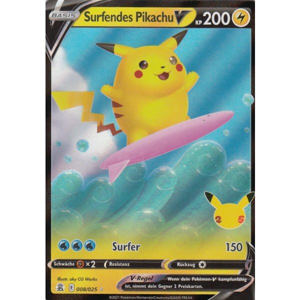 Surfendes Pikachu V 008/25 Fullart Holo Pokemon SWSH07.5 Celebrations Deutsch Boosterfrisch